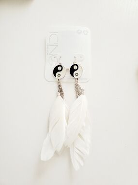 Icing Black & White Yin Yang Feather Drop Earrings